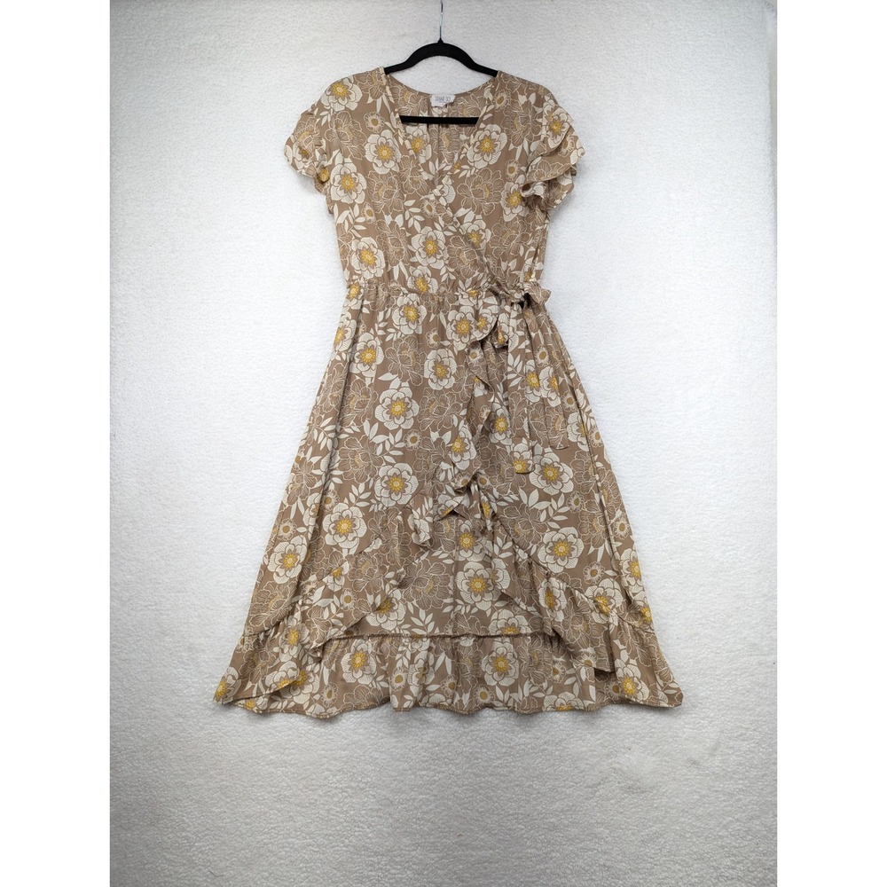 Sienna‎ Sky Floral Print High Low Midi Dress Short Sleeve Brown Size L